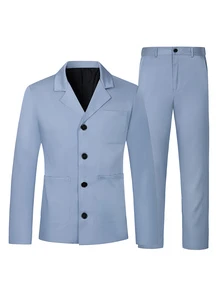 Manfinity Mode Men's Solid Color Casual Blazer & Pants Suit Set, Formal, Old Money - Blue - View 7