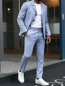 Manfinity Mode Men's Solid Color Casual Blazer & Pants Suit Set, Formal, Old Money - Blue - View 1