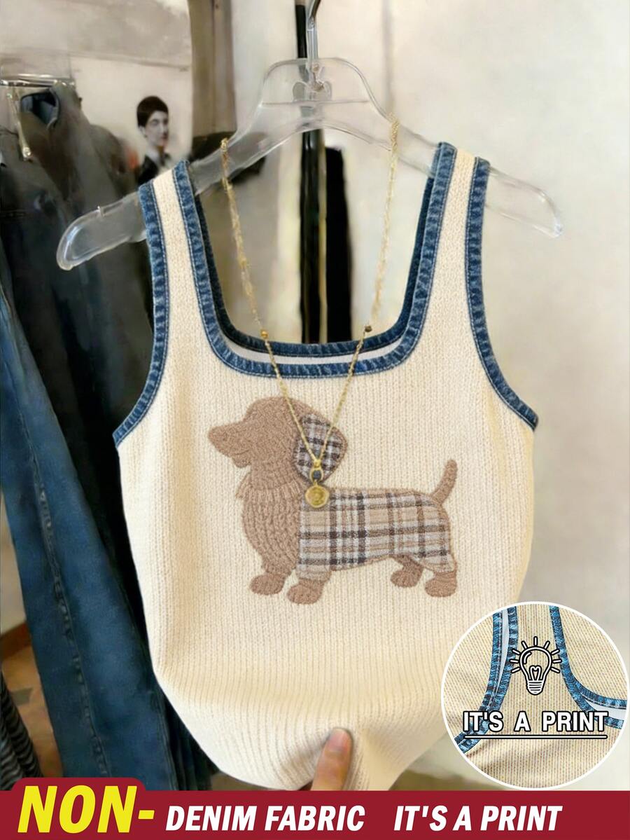 SHEIN Best-Selling Apricot Printed Dog Pattern Fitted Tank Top For Women - Apricot - View 1