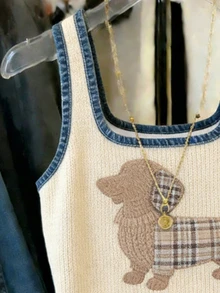SHEIN Best-Selling Apricot Printed Dog Pattern Fitted Tank Top For Women - Apricot - View 3