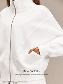 GLOWMODE Everyday Fleece Warmth Whisperer 柔軟保暖輕量夾克，前後縫線設計、口袋、蝙蝠袖、高領、全開襟拉鍊，休閒款 - 白色 - 查看 5