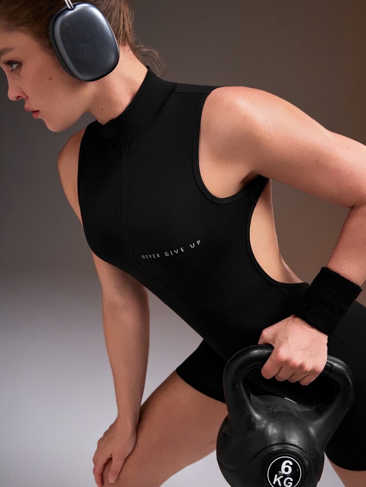 Powerista رومبر رياضي ضيق بدون أكمام وبدون ظهر بلون سادة، شورت جيم للياقة البدنية والخروجات، كاجوال عصري بسحاب أمامي وتصميم بسيط - الأسود - مشاهدة 6