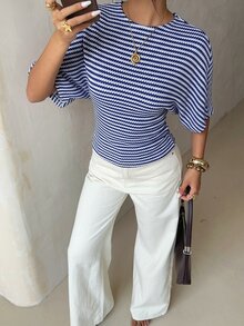 Aloruh 秋季優雅時髦休閒奢華藍白條紋蝙蝠袖收腰T恤，適合早午餐與度假 - 藍色 - 查看 5