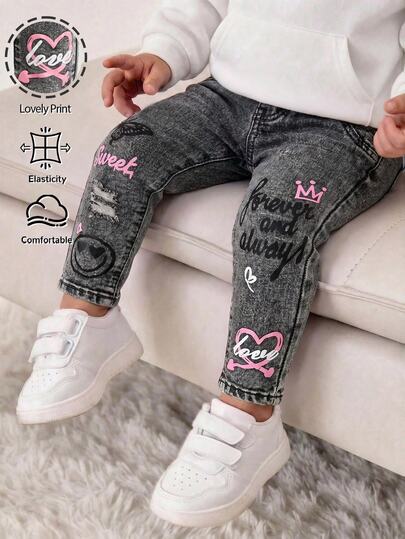 Bubblio Baby Girl Y2k Vintage Cute Butterfly Smile Heart Pattern Black Denim Stretch Skinny Jeans,Fall/Winter,For Baby School Clothes,Halloween Clothes