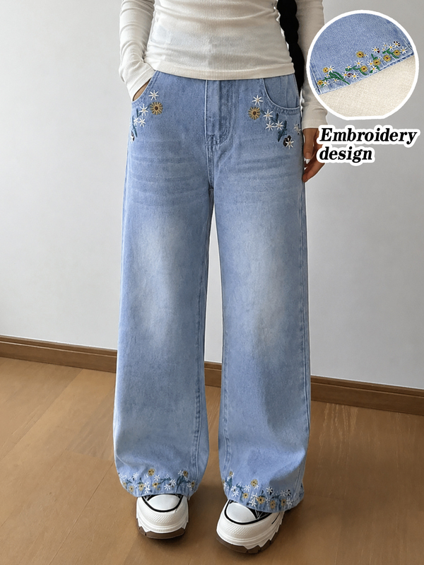 SHEIN Girls' Big Tween Girl Mid-Blue Washed Floral Embroidered Straight-Leg Denim Pants, Versatile Snug Fit Soft Cotton Fabric, Suitable For Holiday, Daily Outings, School, Commute, Party, Home, Festival