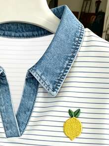 Franclia Women's Lemon Embroidery Striped Short Sleeve Top - Multicolor - View 3