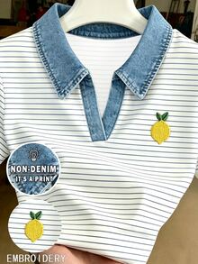 Franclia Women's Lemon Embroidery Striped Short Sleeve Top - Multicolor - View 1