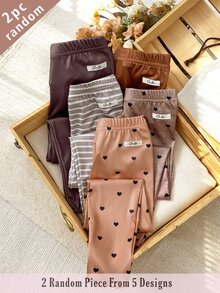 SHEIN 2pcs Random Color Girls Heart Stripe Sweet Cute Ribbed Knit Leggings Set, Soft Comfortable Versatile Baby Brown Pants For Fall Winter - Brown - View 5