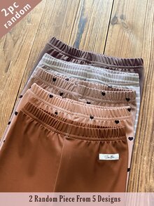 SHEIN 2pcs Random Color Girls Heart Stripe Sweet Cute Ribbed Knit Leggings Set, Soft Comfortable Versatile Baby Brown Pants For Fall Winter - Brown - View 2