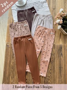 SHEIN 2pcs Random Color Girls Heart Stripe Sweet Cute Ribbed Knit Leggings Set, Soft Comfortable Versatile Baby Brown Pants For Fall Winter - Brown - View 4