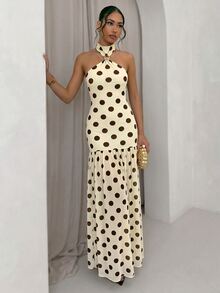 SHEIN Glamour 女款棕色與白色波點夏季優雅70年代度假風復古掛脖露背高腰百褶長款正式晚禮服派對洋裝 - 杏色 - 查看 3