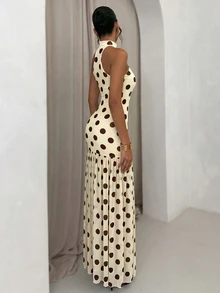 SHEIN Glamour 女款棕色與白色波點夏季優雅70年代度假風復古掛脖露背高腰百褶長款正式晚禮服派對洋裝 - 杏色 - 查看 2