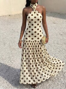 SHEIN Glamour 女款棕色與白色波點夏季優雅70年代度假風復古掛脖露背高腰百褶長款正式晚禮服派對洋裝 - 杏色 - 查看 6