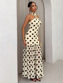 SHEIN Glamour 女款棕色與白色波點夏季優雅70年代度假風復古掛脖露背高腰百褶長款正式晚禮服派對洋裝 - 杏色 - 查看 4