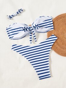 Women's 2 Pieces Bikini Swimwear, Blue And White Stripe High-Cut Shorts With Metal Decor, Summer Tropical Holiday Pool Party Beach Vacation - Blue and White - View 2