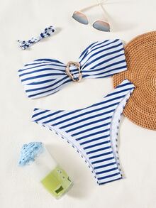 Women's 2 Pieces Bikini Swimwear, Blue And White Stripe High-Cut Shorts With Metal Decor, Summer Tropical Holiday Pool Party Beach Vacation - Blue and White - View 4