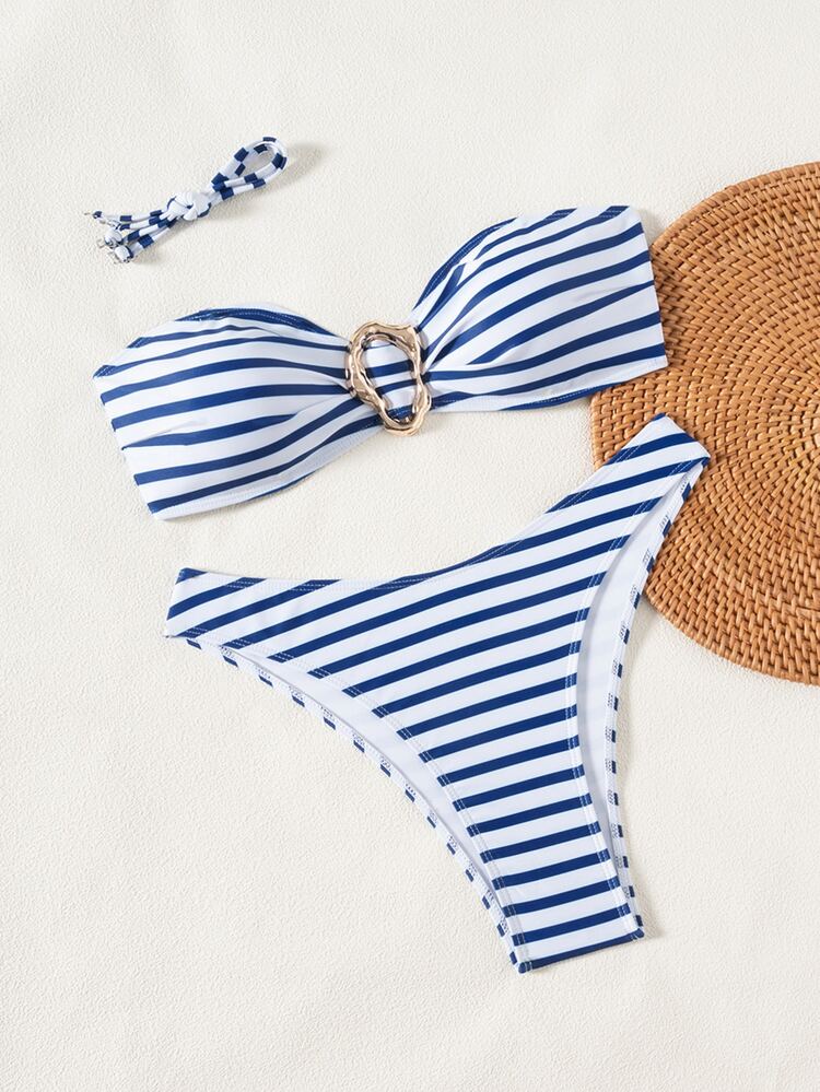 Swim Mod Women's 2-Piece Bikini Swimsuit,Blue And White Striped Floral Print High-Cut Shorts With Metal Decor,Summer Tropical Holiday Pool Party Vacation - Blue and White - View 3