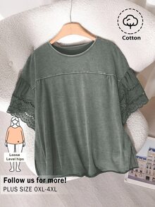 CosyJoli Plus Size Women's Casual Vacation Chiffon Sleeve Loose Solid Color Comfortable Cotton T-Shirt, Suitable For Daily Commute - Green - View 1
