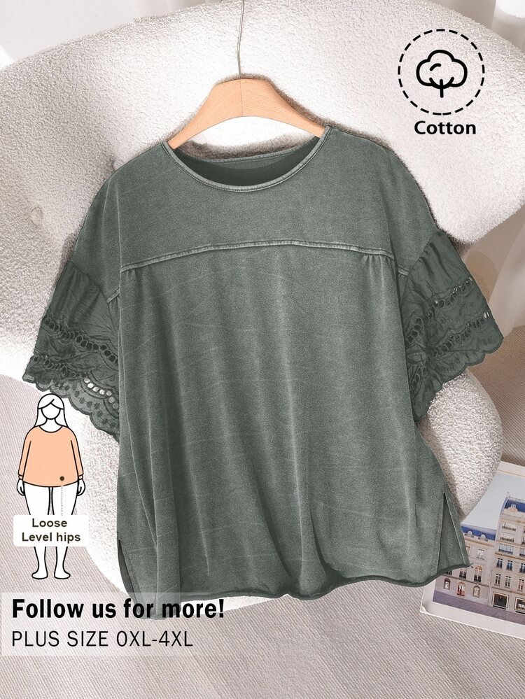 CosyJoli Plus Size Women's Casual Vacation Chiffon Sleeve Loose Solid Color Comfortable Cotton T-Shirt, Suitable For Daily Commute - Green - View 1