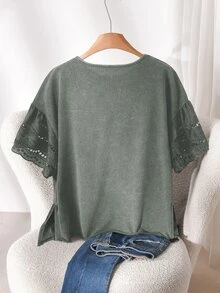CosyJoli Plus Size Women's Casual Vacation Chiffon Sleeve Loose Solid Color Comfortable Cotton T-Shirt, Suitable For Daily Commute - Green - View 2