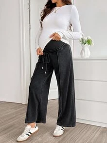 SHEIN Maternity Casual Washed High Waist Sweatpants - Black - View 6