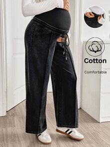 SHEIN Maternity Casual Washed High Waist Sweatpants - Black - View 1