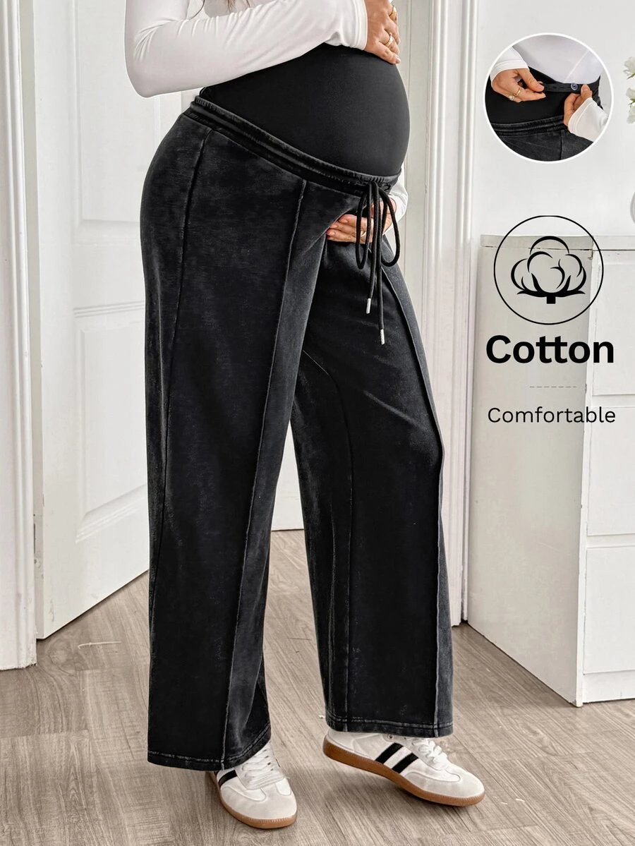 SHEIN Maternity Casual Washed High Waist Sweatpants - Black - View 1