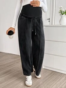 SHEIN Maternity Casual Washed High Waist Sweatpants - Black - View 4