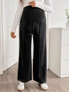 SHEIN Maternity Casual Washed High Waist Sweatpants - Black - View 8