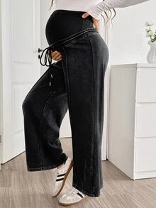 SHEIN Maternity Casual Washed High Waist Sweatpants - Black - View 5