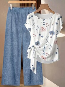 SHEIN Clasi 女款圓領花卉印花上衣與長褲休閒鄉村風日常2件套 白色花卉淺藍色夏季度假裝 - 彩色 - 查看 5