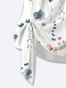 SHEIN Clasi 女款圓領花卉印花上衣與長褲休閒鄉村風日常2件套 白色花卉淺藍色夏季度假裝 - 彩色 - 查看 3