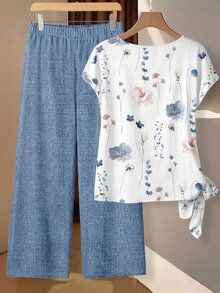 SHEIN Clasi 女款圓領花卉印花上衣與長褲休閒鄉村風日常2件套 白色花卉淺藍色夏季度假裝 - 彩色 - 查看 2