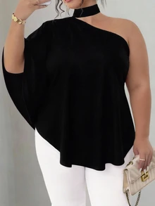 SHEIN CURVE+ 大码优雅纯色不对称领衬衫，夏季 - 黑色 - 查看 3