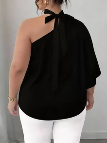 SHEIN CURVE+ 大码优雅纯色不对称领衬衫，夏季 - 黑色 - 查看 2