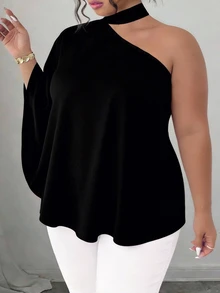 SHEIN CURVE+ 大码优雅纯色不对称领衬衫，夏季 - 黑色 - 查看 4