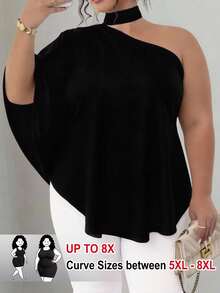 SHEIN CURVE+ 大码优雅纯色不对称领衬衫，夏季 - 黑色 - 查看 1
