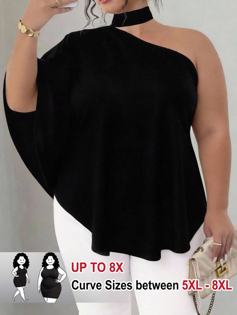 SHEIN CURVE+ 大码优雅纯色不对称领衬衫,夏季 - 黑色 - 查看 1