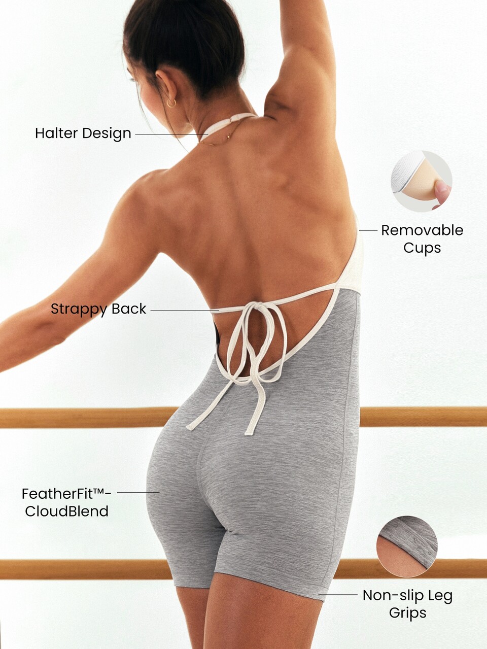 FeatherFit™-CloudBlend Studio Standout Adjustable Halter Two-Tone Bodysuit With Removable Cups Barre Ballet Studio Daily Casual