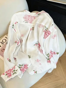 INAWLY Women's Fashion Casual Romantic Embroidered Floral Long Sleeve Button-Up Shirt Fall Cloth For Women - White - View 2
