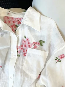 INAWLY Women's Fashion Casual Romantic Embroidered Floral Long Sleeve Button-Up Shirt Fall Cloth For Women - White - View 3