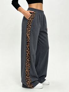 SHEIN LUNE Women's Autumn/Winter Leopard Print Patchwork Casual Straight Leg Pants - Grey - View 7
