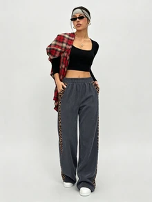 SHEIN LUNE Women's Autumn/Winter Leopard Print Patchwork Casual Straight Leg Pants - Grey - View 5