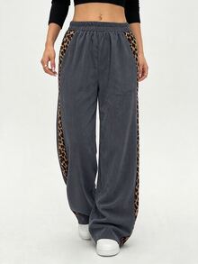 SHEIN LUNE Women's Autumn/Winter Leopard Print Patchwork Casual Straight Leg Pants - Grey - View 3