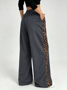 SHEIN LUNE Women's Autumn/Winter Leopard Print Patchwork Casual Straight Leg Pants - Grey - View 2