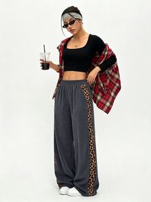 SHEIN LUNE Women's Autumn/Winter Leopard Print Patchwork Casual Straight Leg Pants - Grey - View 6