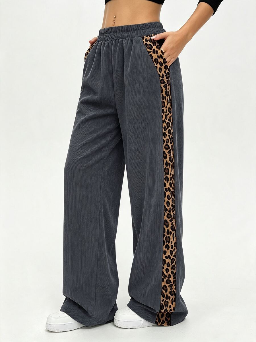 SHEIN LUNE Women's Autumn/Winter Leopard Print Patchwork Casual Straight Leg Pants - Grey - View 1