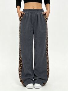 SHEIN LUNE Women's Autumn/Winter Leopard Print Patchwork Casual Straight Leg Pants - Grey - View 4