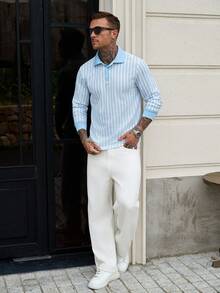 Manfinity CasualCool Men's Casual Fashionable Versatile Knit Blue & White Polo Shirt - Blue and White - View 4