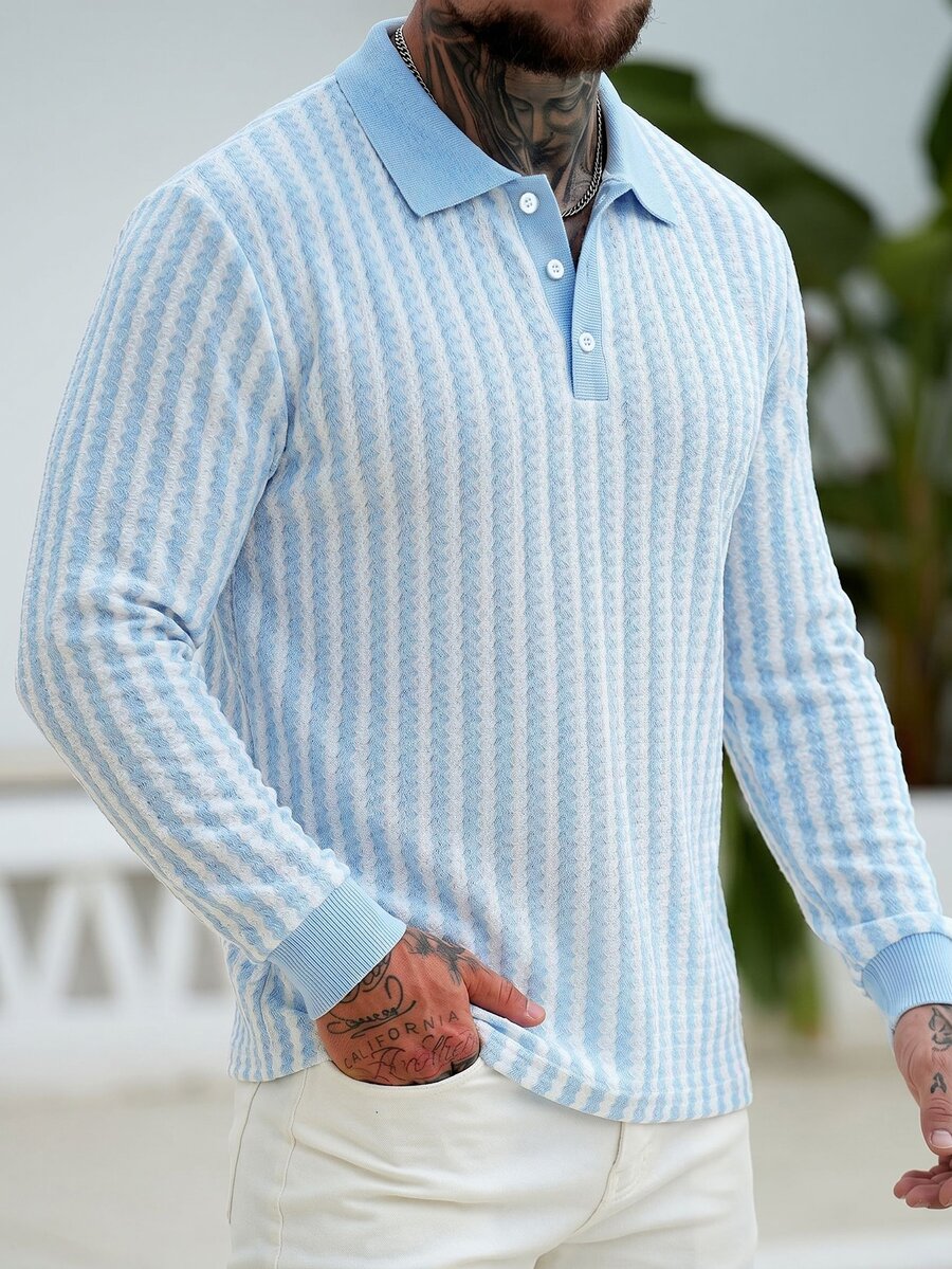 Manfinity CasualCool Men's Casual Fashionable Versatile Knit Blue & White Polo Shirt - Blue and White - View 1